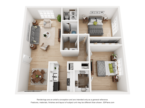 a stylized floor plan with a bedroom and living room